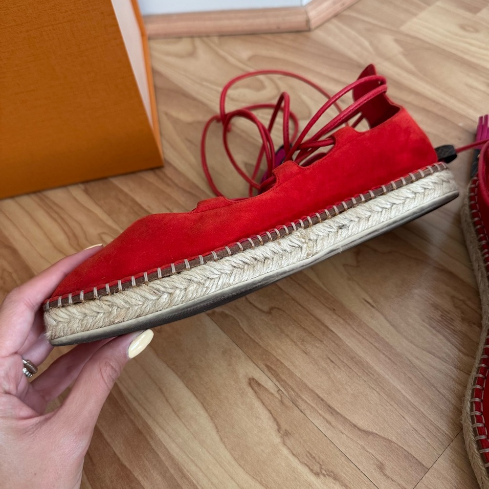 Louis Vuitton Red Suede Lace Up Espadrille Flats - Picture 8 of 14